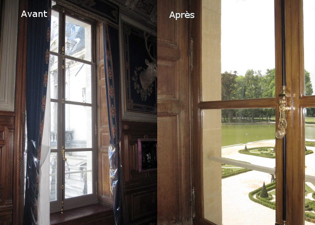 Chantier Chantilly - décor faux bois sur fenêtre